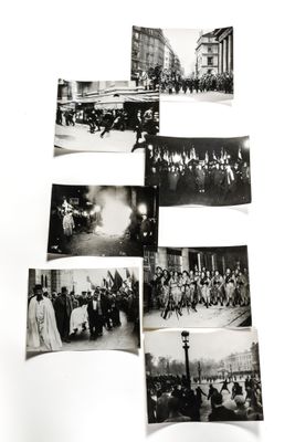 several old black and white photos of people on a city street