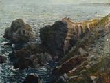 tableau représentant une côte rocheuse avec des mouettes et un phare au loin