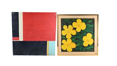 deux tableaux représentant des fleurs jaunes dans un cadre en bois, sur fond blanc