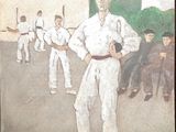 un tableau représentant un homme tenant une batte de baseball devant un groupe d'hommes