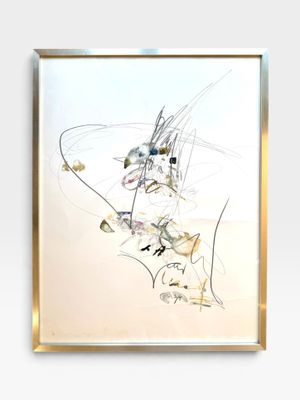 dessin encadré représentant un homme portant un chapeau et des lunettes, assis sur une chaise