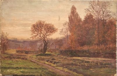 an image of a painting of a field with trees in the background