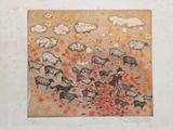 drawing of a flock of sheep in a field of flowers