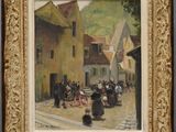 an image of a painting of a street scene with people walking by