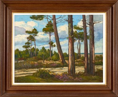 un tableau représentant un paysage boisé avec des arbres et un chemin de terre