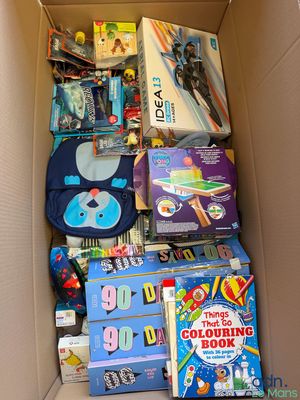 a box full of children ' s books and toys