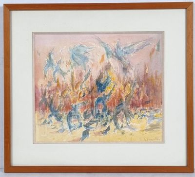 tableau représentant un cheval dans un champ, avec d'autres chevaux en arrière-plan