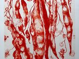 une image représentant un dessin rouge d'un morceau de viande suspendu à un arbre