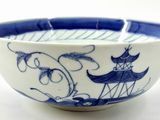 a blue and white bowl with a design on it