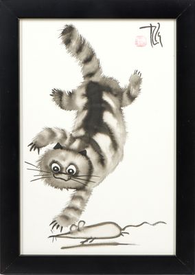 chinese ink painting of a cat jumping in the air
