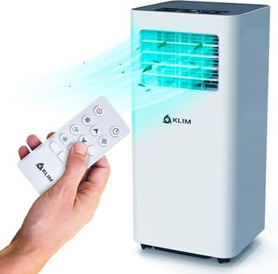 Quelqu'un tient une télécommande devant un petit climatiseur.