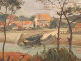 a painting of a boat in the water near a village