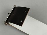 a close up of a white leather belt with a black buckle