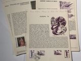 three pages of old paper with drawings of people and animals on them