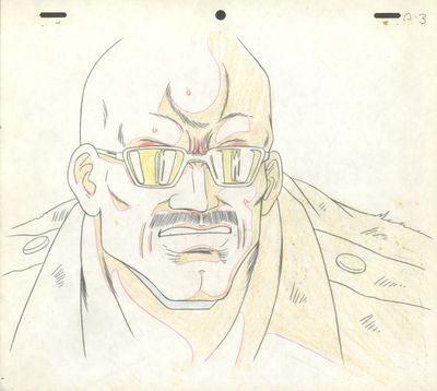 croquis d'un homme à lunettes et barbu, vêtu d'une veste