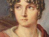 an old painting of a woman with curly hair wearing a red shawl