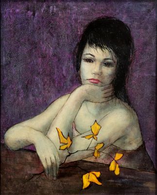 an oil painting of a woman with yellow butterflies on her chest