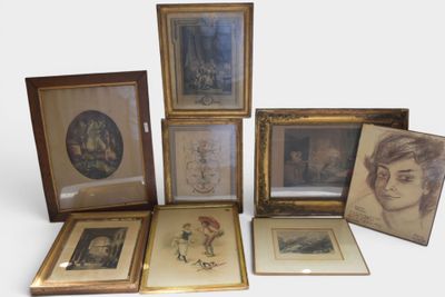 many framed pictures of a woman and a man