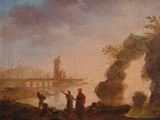 painting of a group of people standing on a beach next to a body of water