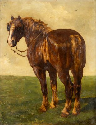 tableau représentant un cheval brun debout dans un champ vert, avec une bride sur la tête
