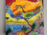 painting of a bird perched on a tree branch with a sunset in the background