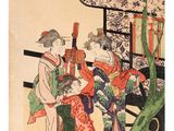 a painting of two women in kimono robes standing next to a tree