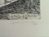 a black and white drawing of a building with a clock on it