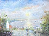 an oil painting of people walking on a beach with boats in the background