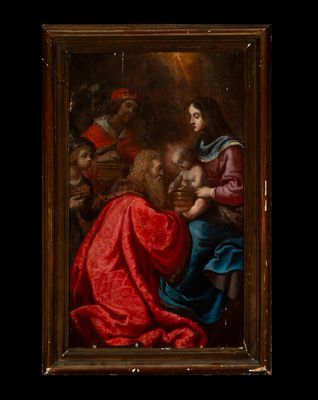 une peinture représentant une femme tenant un enfant sur ses genoux
