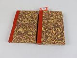 deux cahiers marron et rouges posés sur une table blanche