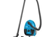 a blue vacuum cleaner with a black handle and a black hose