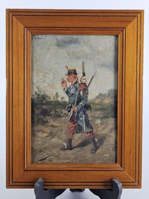 an old painting of a man holding a gun in a wooden frame