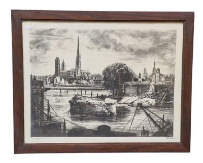 an image of a drawing of a view of a city from a river