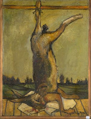 une image représentant un tableau où l'on voit un chien suspendu à une croix