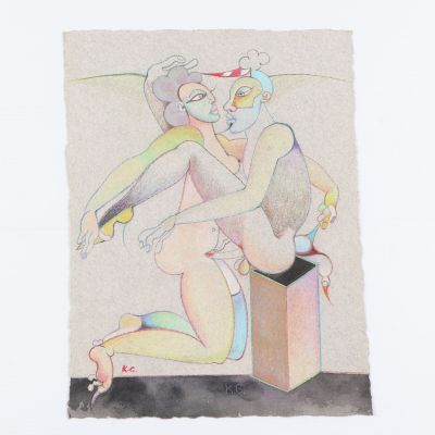 dessin représentant une femme nue assise sur une caisse, une cigarette à la bouche