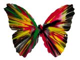 butterfly made of multicolored feathers on a white background