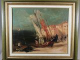 a picture of a painting of a sailboat on the beach