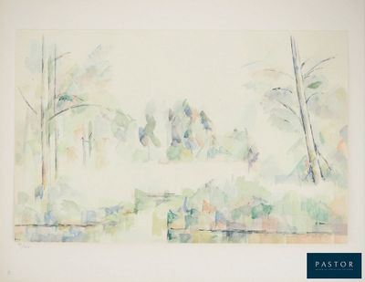 une aquarelle représentant des arbres et un banc dans un parc