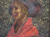 an oil painting of a woman in a red dress and a black hat