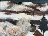 painting of a snowy landscape with a house and trees in the foreground