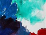 an abstract painting of blue, red and green on a white background