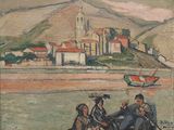painting of a group of people sitting on a boat in the water