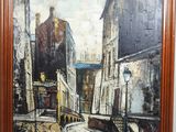 framed oil painting of a street scene with buildings and a street light