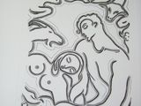 drawing of a woman holding a child in her arms with animals around her