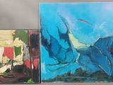 trois tableaux représentant une chaîne de montagnes et un ciel bleu parsemé de nuages