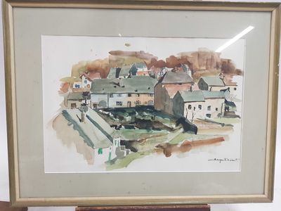 aquarelle encadrée représentant une scène de campagne avec une ferme en arrière-plan