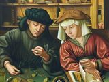 tableau représentant un homme et une femme assis à une table avec un livre