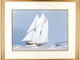 painting of a sailboat in the ocean with a boat in the background