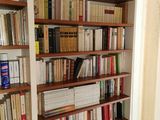 many books on the shelves in the room
