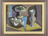 une image représentant un tableau où l'on voit un vase et une corbeille de fruits posés sur une table